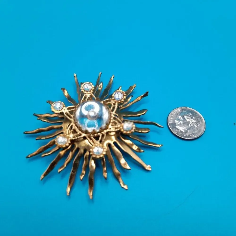 Vintage Celestial Golden Brass Brooch, Clear Cabochons, Early Mid-Century